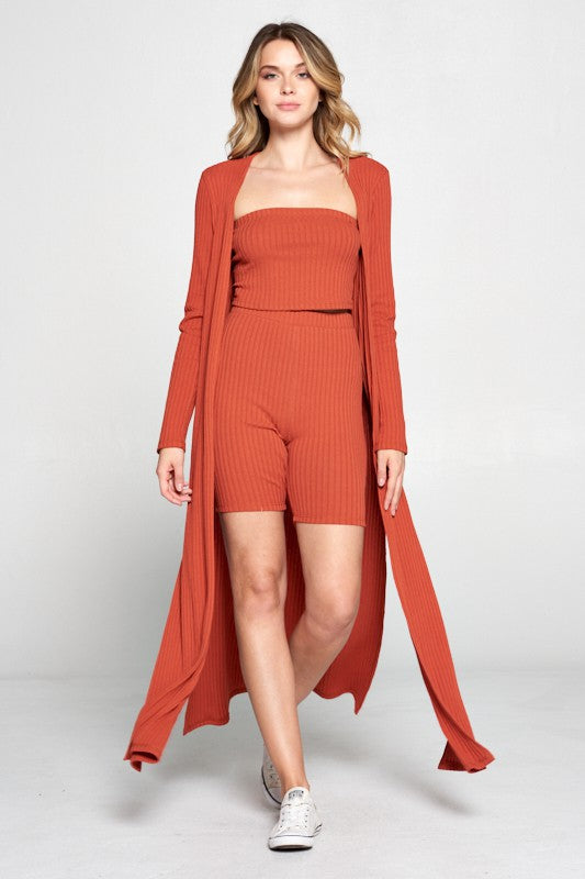 Long Sleeve Ribbed Maxi Cardigan, Tube Top and Shorts - 3 Piece Set