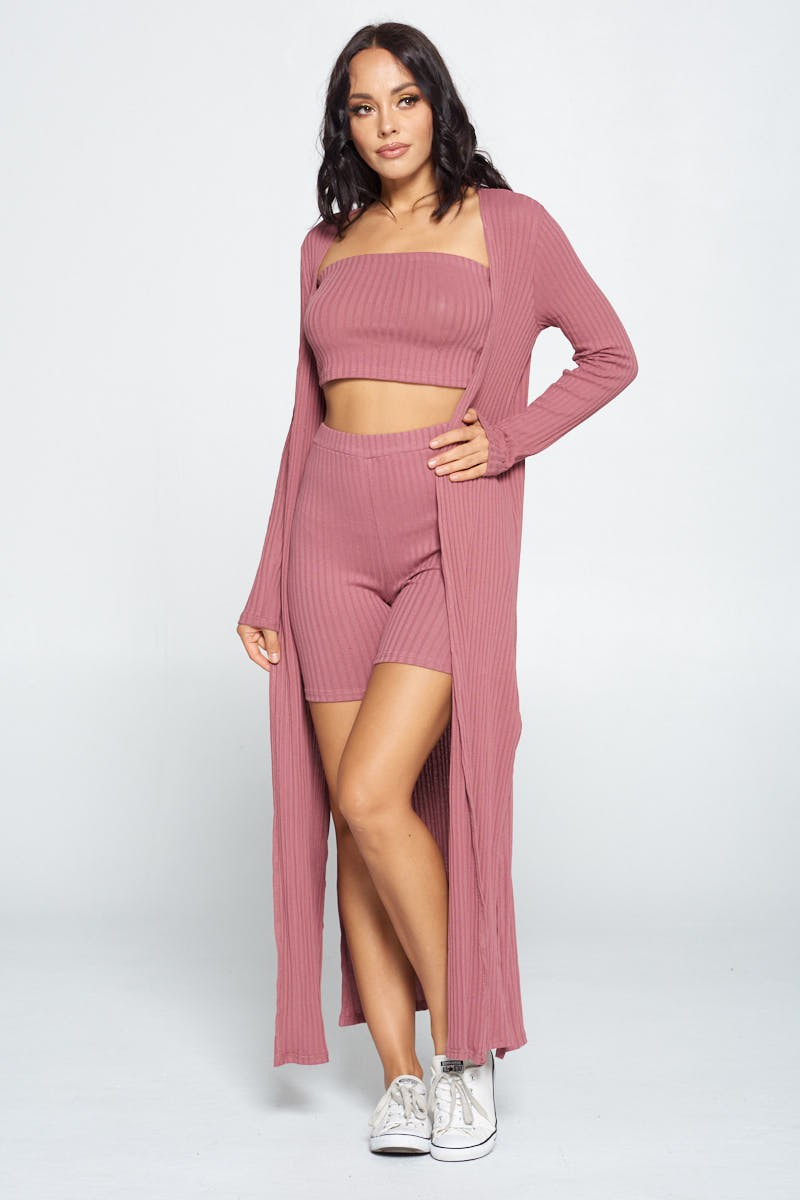 Long Sleeve Ribbed Maxi Cardigan, Tube Top and Shorts - 3 Piece Set