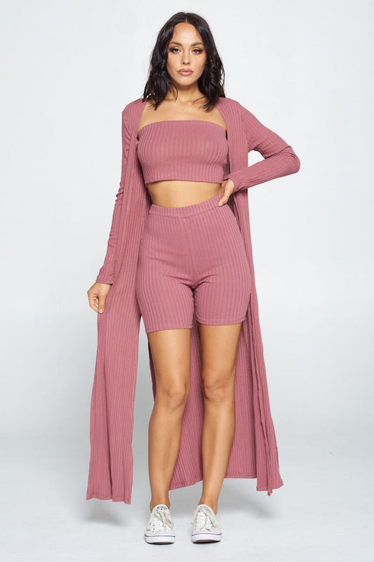 Long Sleeve Ribbed Maxi Cardigan, Tube Top and Shorts - 3 Piece Set