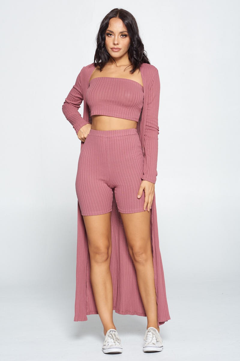 Long Sleeve Ribbed Maxi Cardigan, Tube Top and Shorts - 3 Piece Set