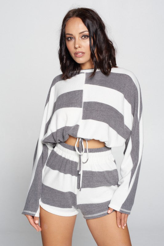 Stripe Long Sleeve Crop Top and Shorts - 2 Piece Set