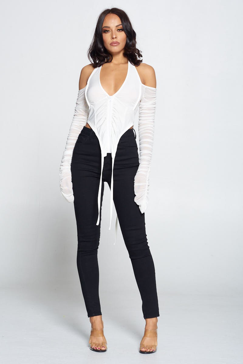 Mesh Long Sleeve Cold Shoulder Halter Top