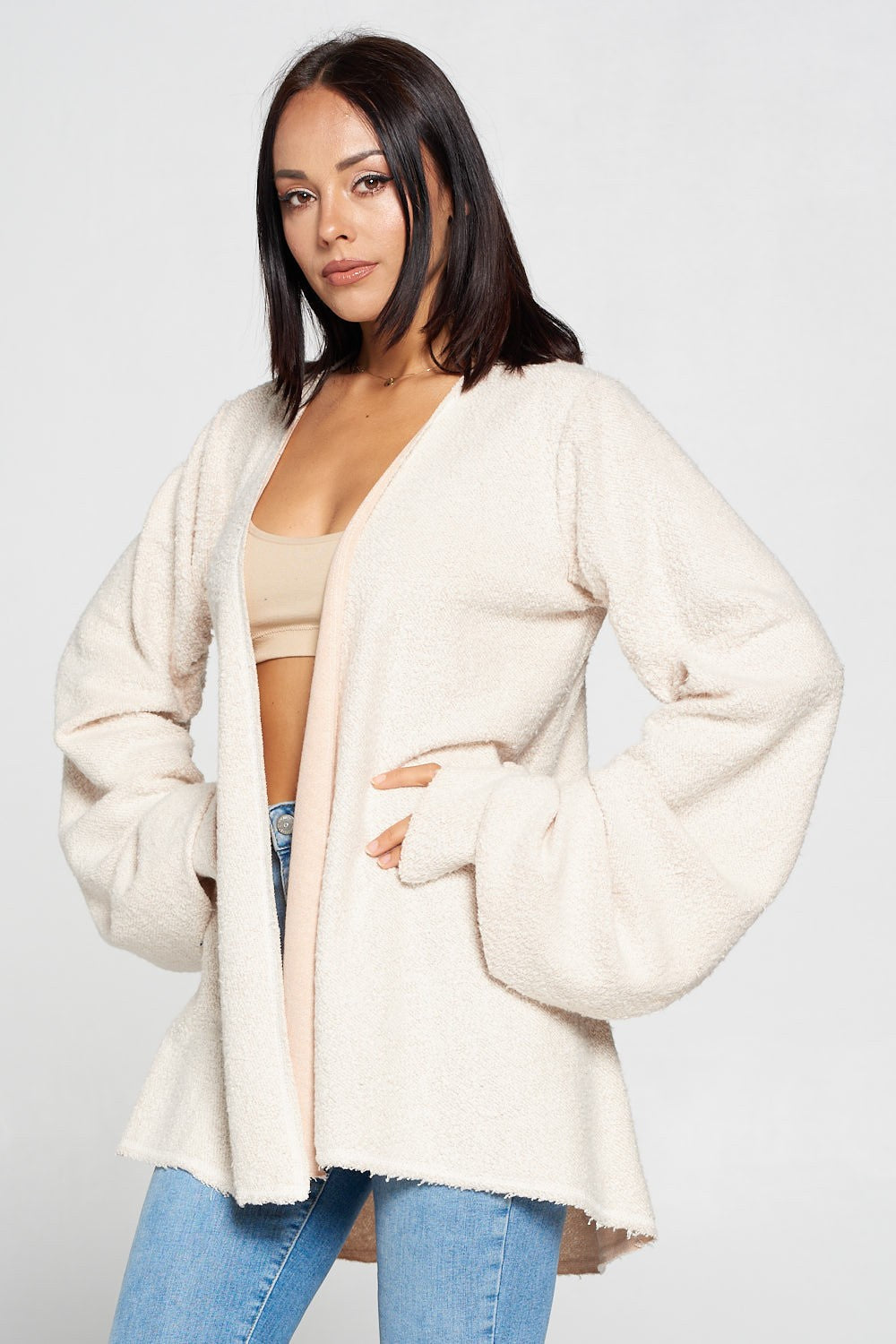 Ruched Long Sleeve Fuzzy Open Front Cardigan