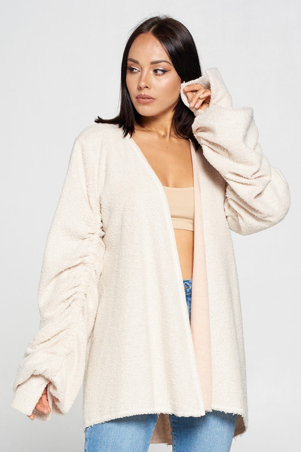 Ruched Long Sleeve Fuzzy Open Front Cardigan