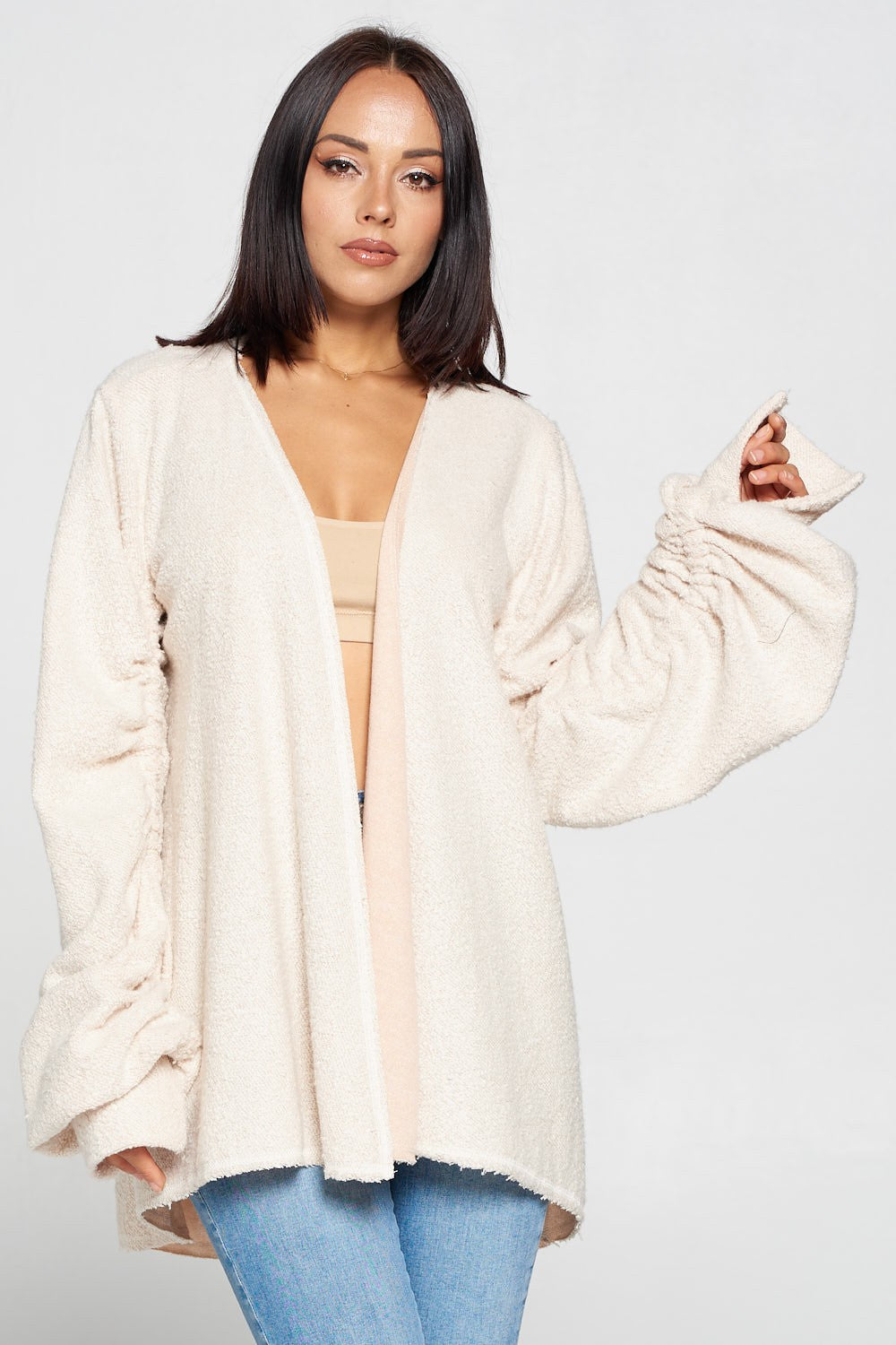 Ruched Long Sleeve Fuzzy Open Front Cardigan