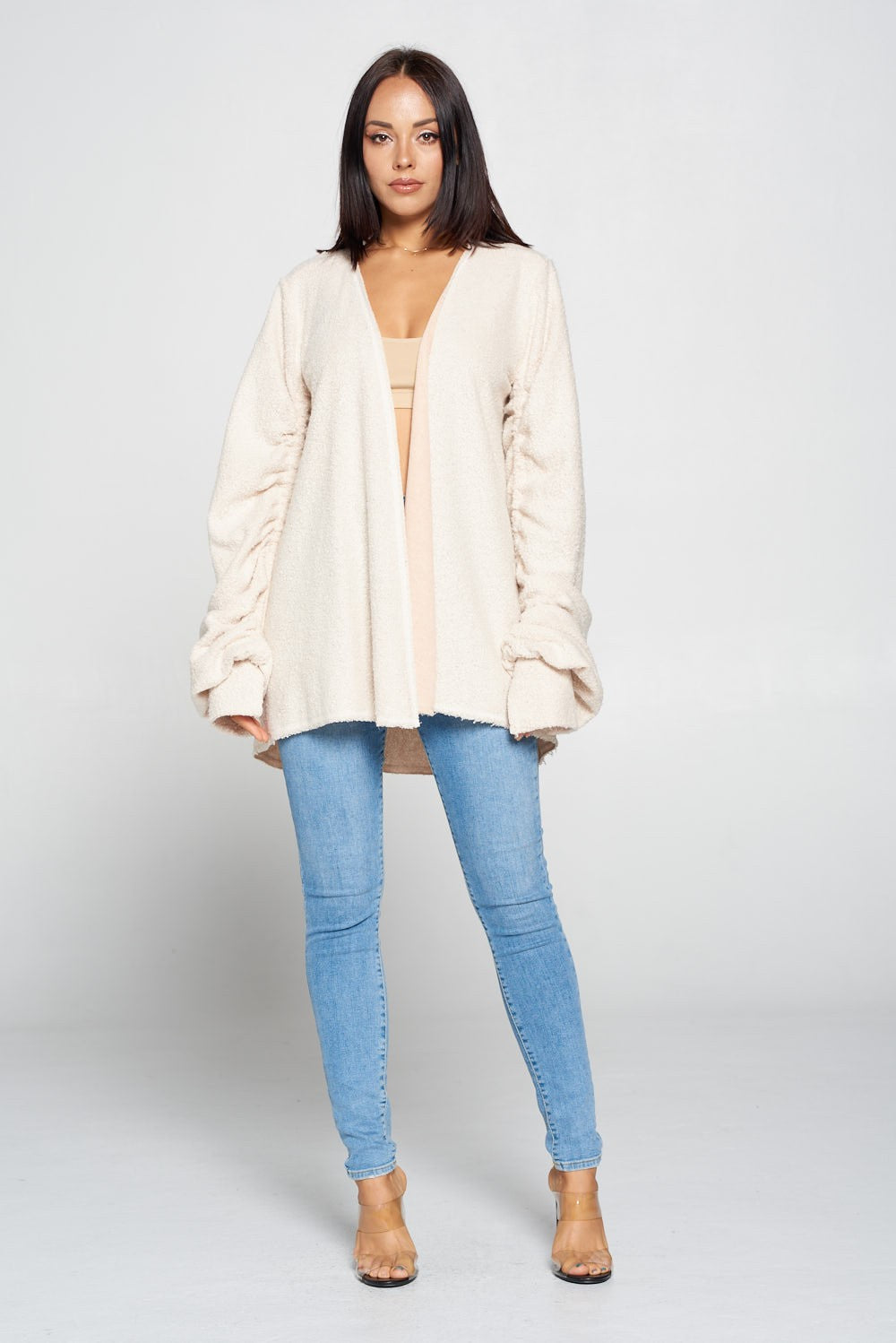 Ruched Long Sleeve Fuzzy Open Front Cardigan