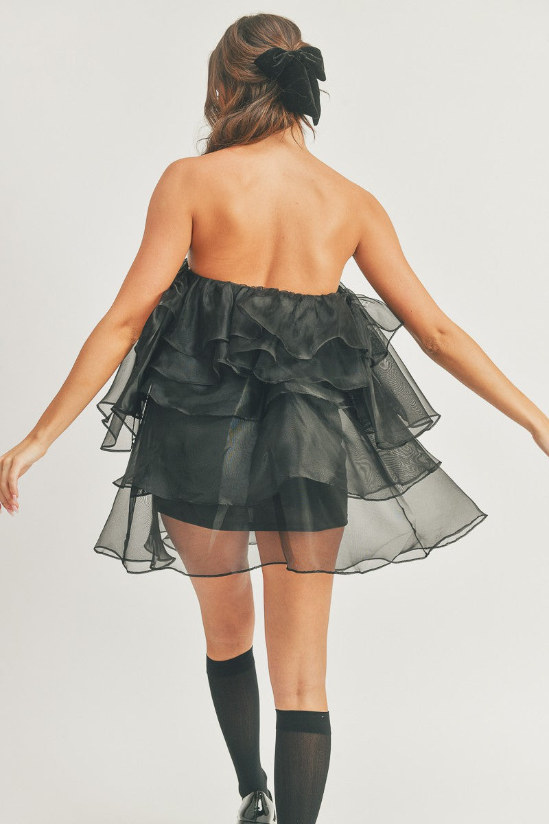 Strapless Mesh Ruffle Tube Top Tulle Tiered Layered Cocktail Mini Dress