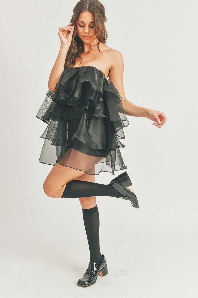 Strapless Mesh Ruffle Tube Top Tulle Tiered Layered Cocktail Mini Dress