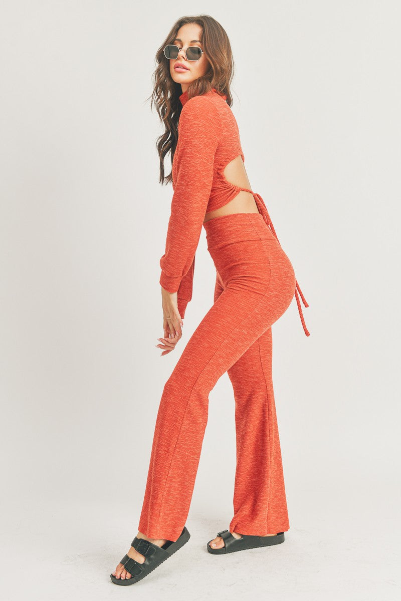 Mock Neck Crop Top and Flare Pants - 2 Piece Set