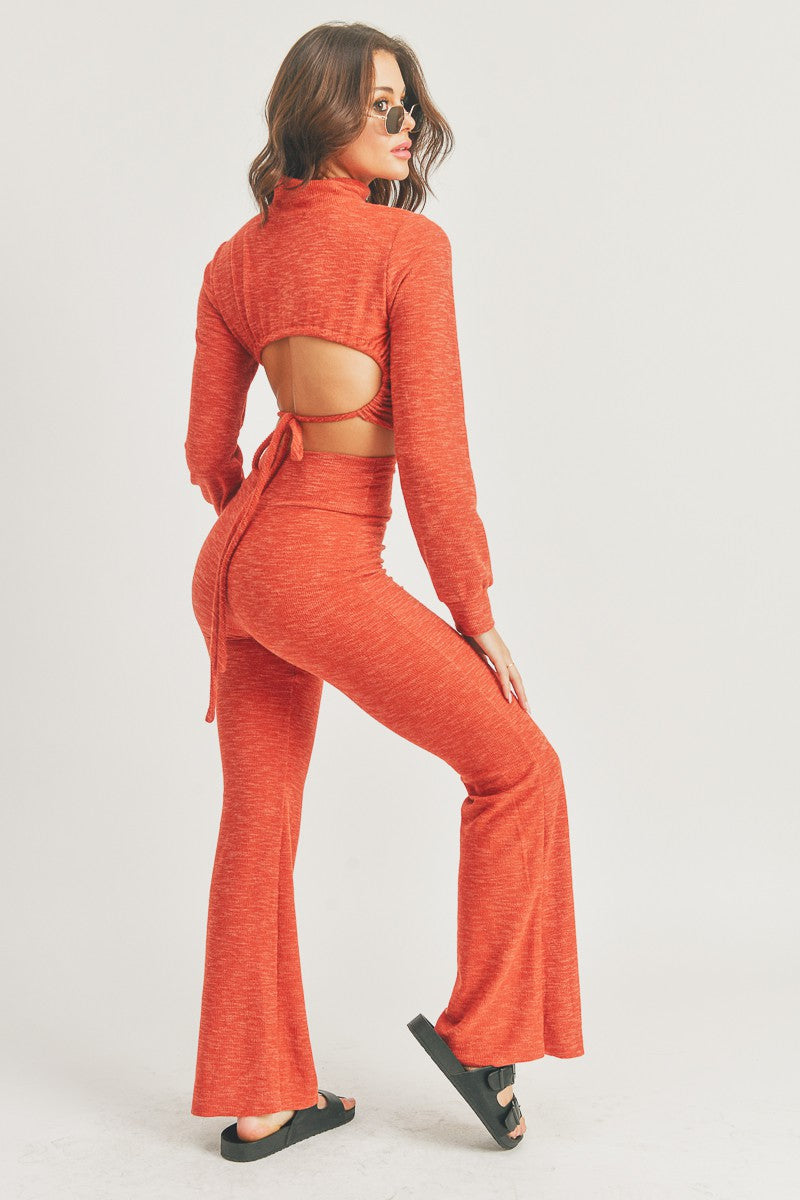 Mock Neck Crop Top and Flare Pants - 2 Piece Set