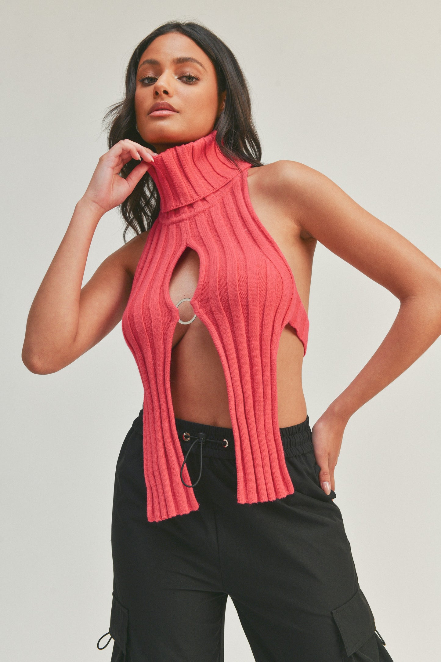 Turtleneck Sleeveless Cropped Knitted Top