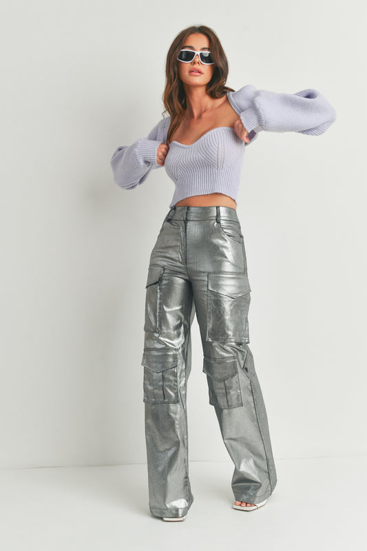 Multi Pockets Metallic Front Cargo Pants