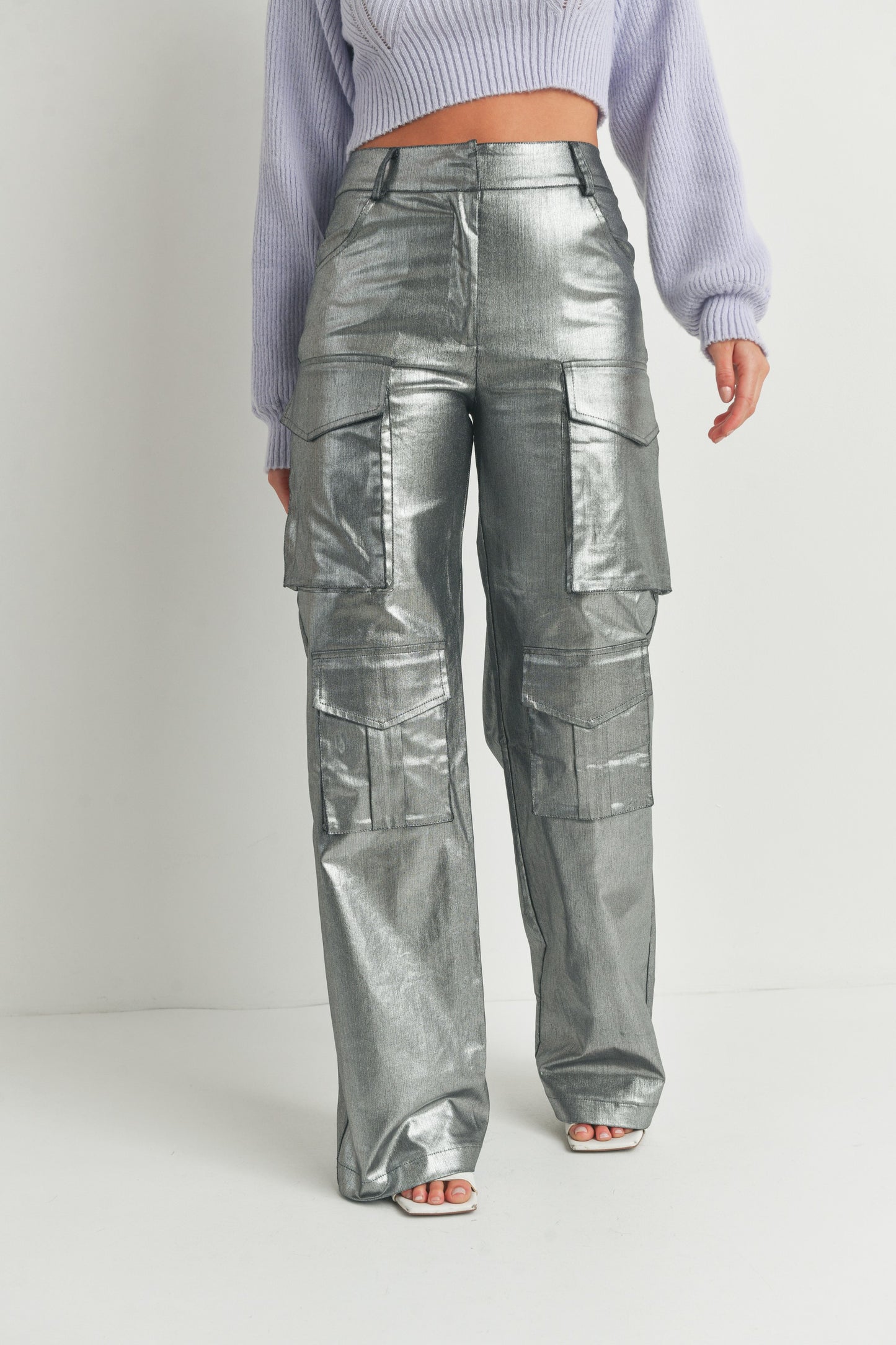 Multi Pockets Metallic Front Cargo Pants