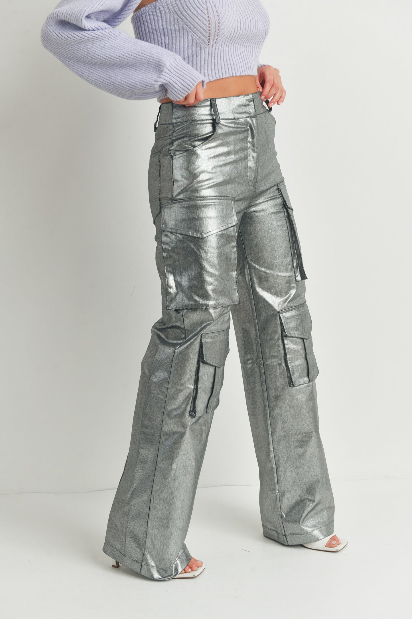 Multi Pockets Metallic Front Cargo Pants