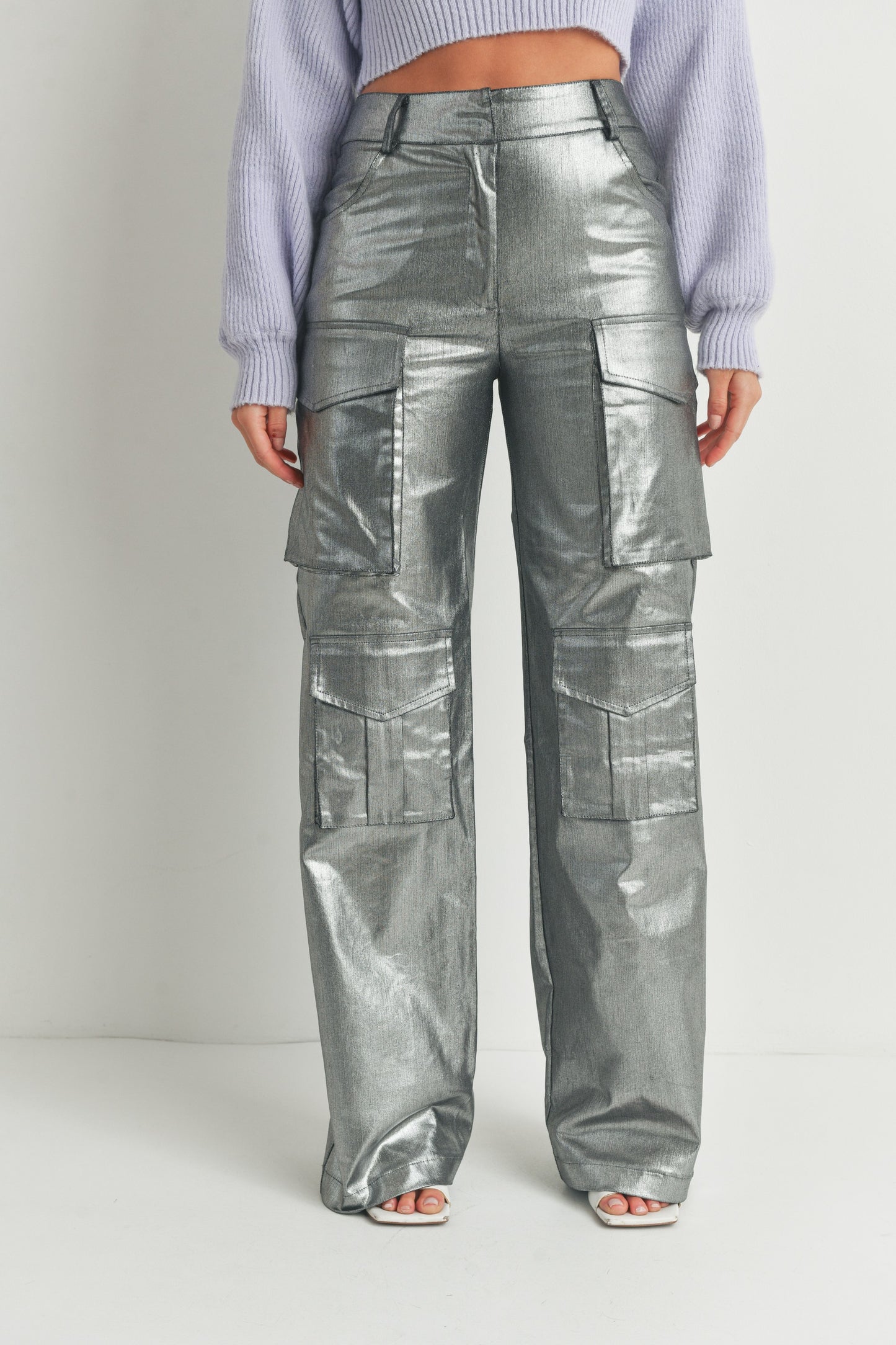 Multi Pockets Metallic Front Cargo Pants