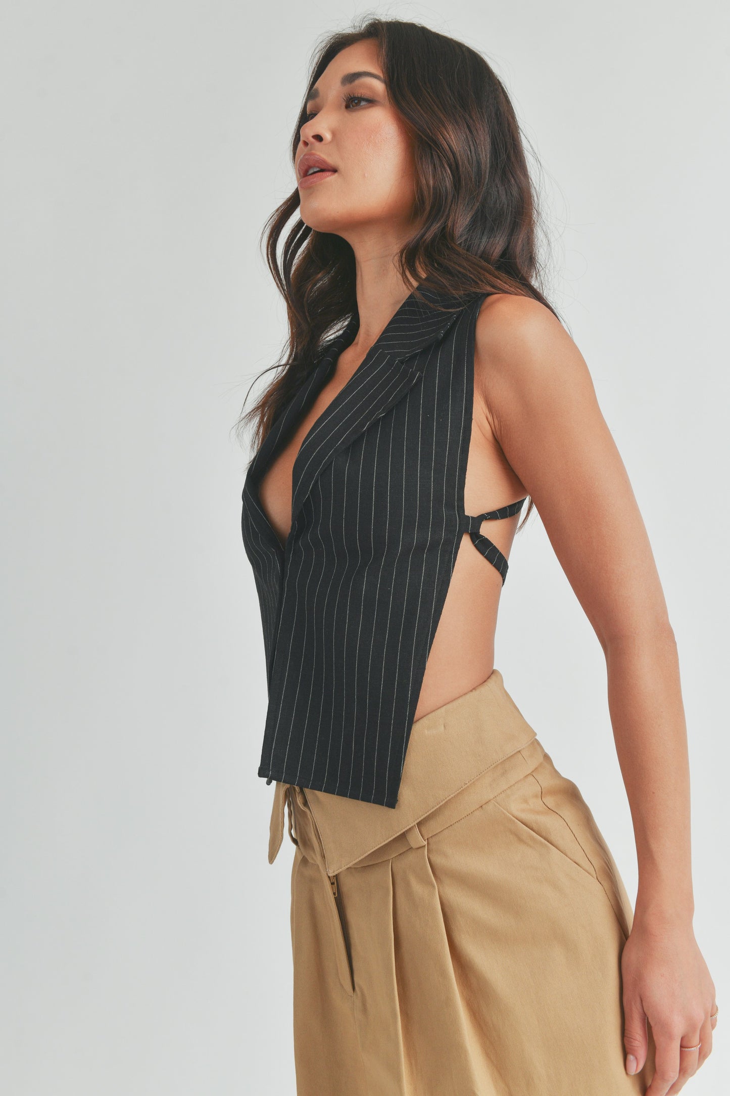 Stripe Cut Out Backless Shirt