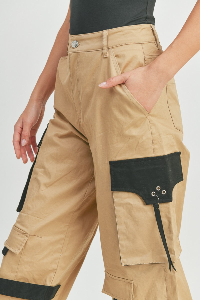 High-Waisted Wide Leg Patch Zipper Cargo Pants