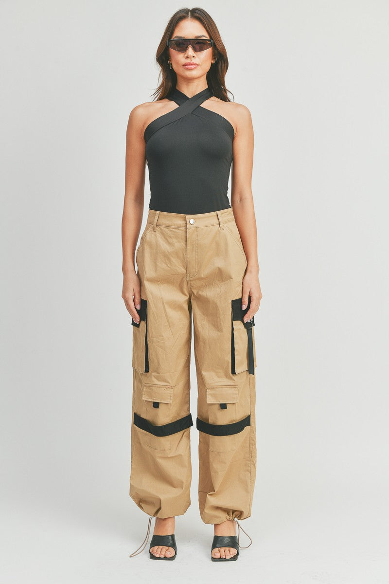 High-Waisted Wide Leg Patch Zipper Cargo Pants