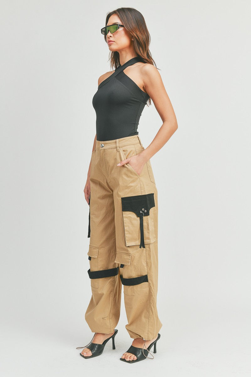 High-Waisted Wide Leg Patch Zipper Cargo Pants