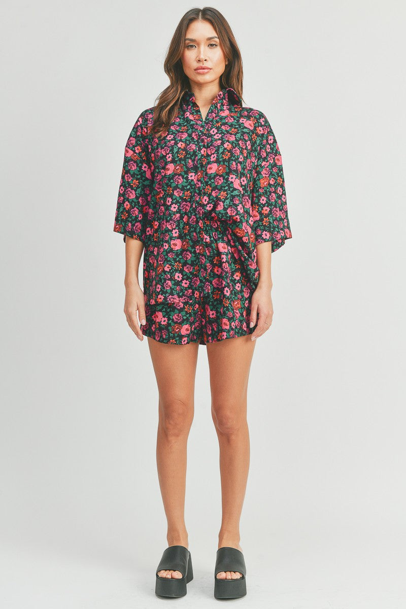 Floral Short Sleeve Button Down Shirt and Shorts - 2 Piece Set