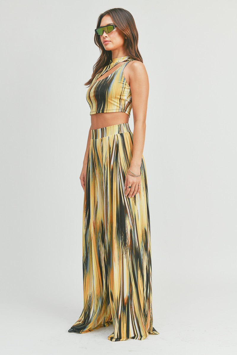 Tie Dye Cut Out Sleeveless Crop Top and Palazzo Pants - 2 Piece Set