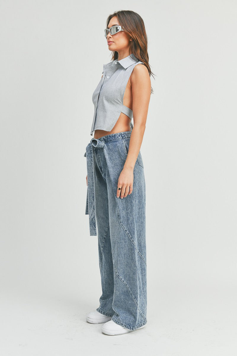 Cut Out Tie Backless Crop Shirt