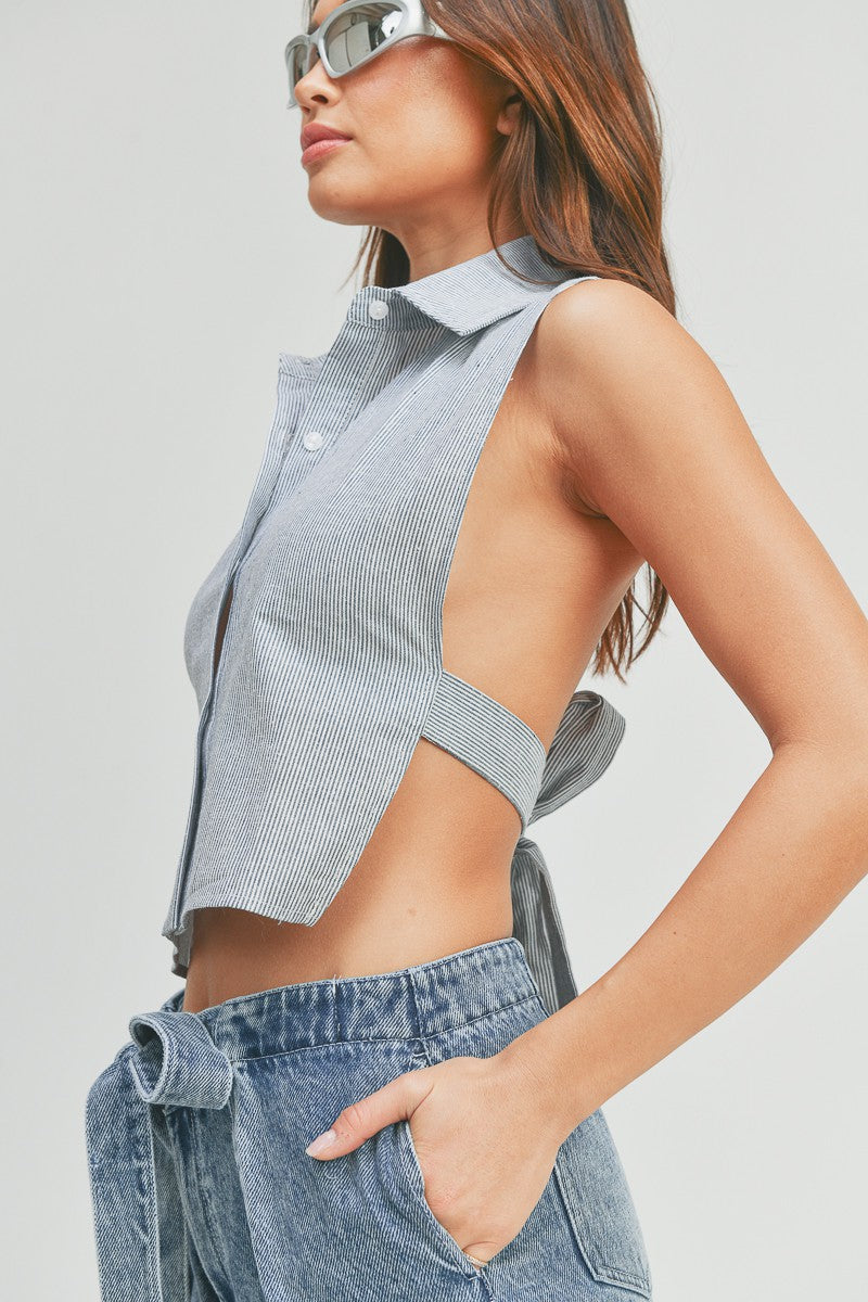 Cut Out Tie Backless Crop Shirt