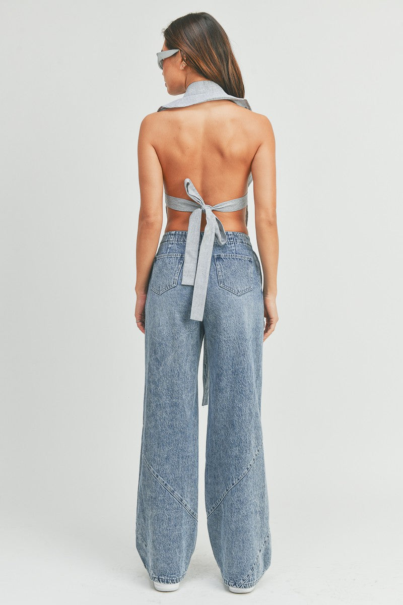 Cut Out Tie Backless Crop Shirt