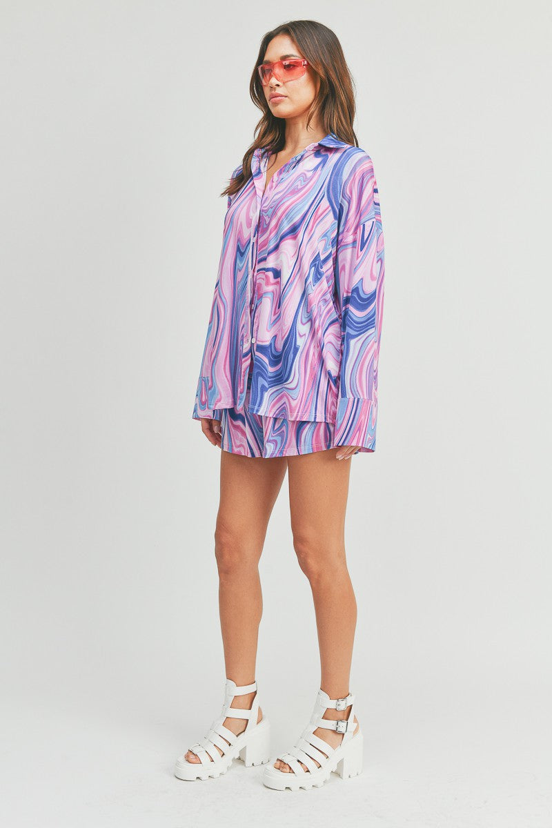 Tie Dye Long Sleeve Button Down Shirt and Pajama Shorts - 2 Piece Set