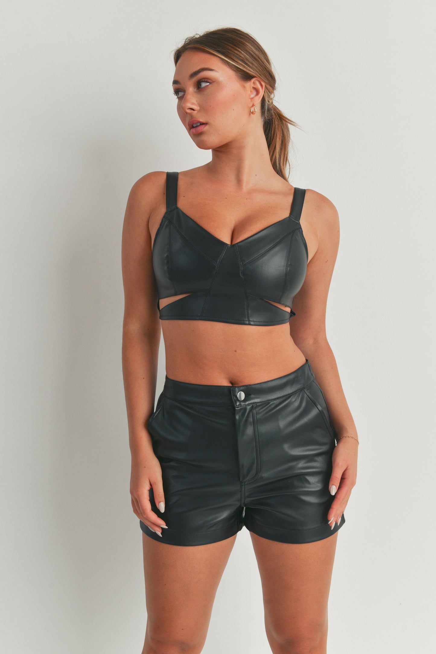 Pleather Sleeveless Crop Tank Top and Shorts - 2 Piece Set