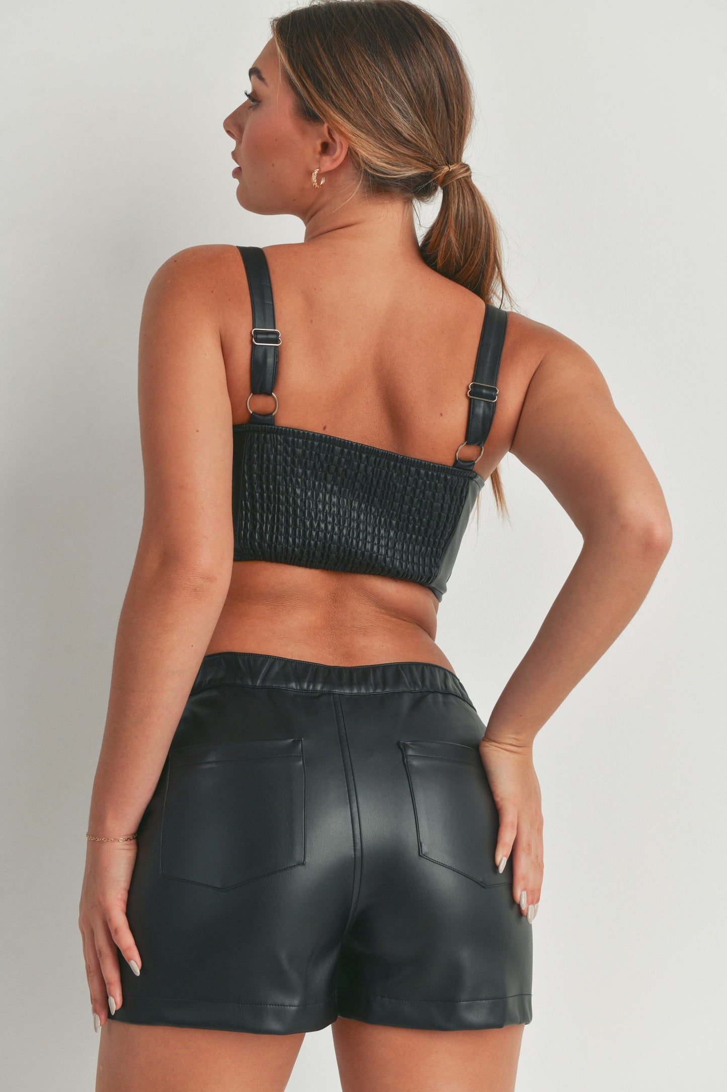 Pleather Sleeveless Crop Tank Top and Shorts - 2 Piece Set