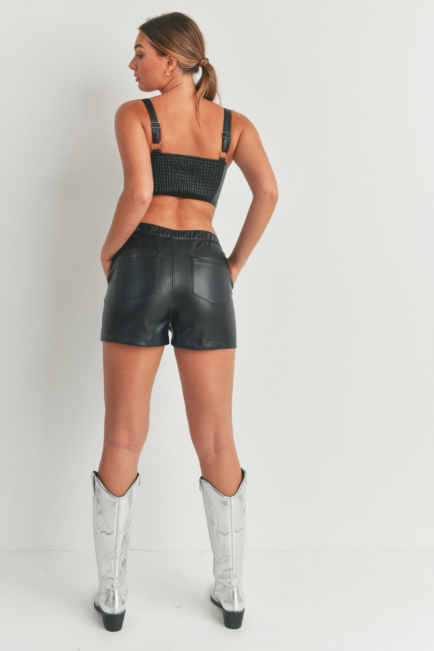 Pleather Sleeveless Crop Tank Top and Shorts - 2 Piece Set