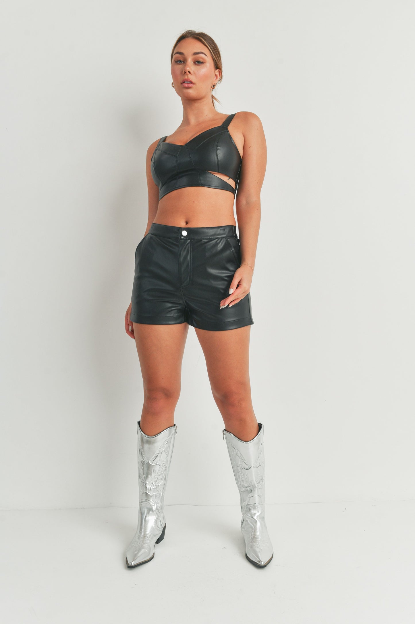 Pleather Sleeveless Crop Tank Top and Shorts - 2 Piece Set