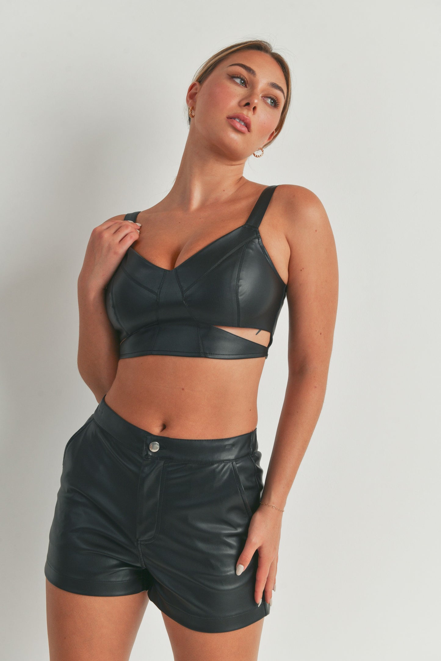 Pleather Sleeveless Crop Tank Top and Shorts - 2 Piece Set