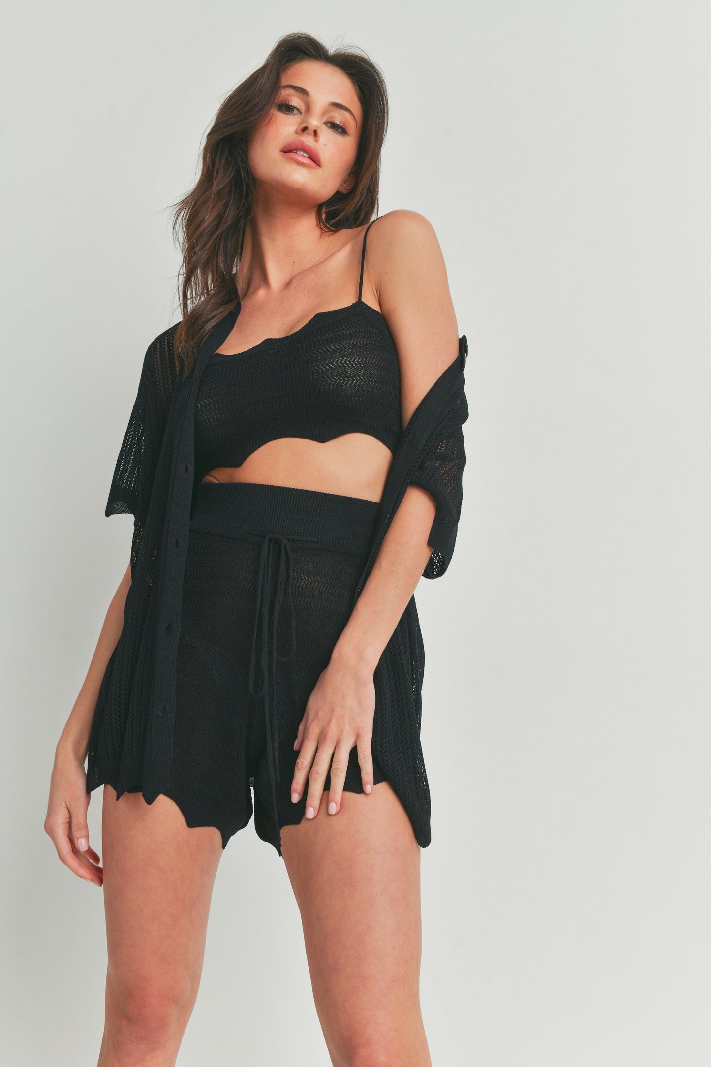 Sheer Cardigan, Bra Top and Shorts - 3 Piece Set