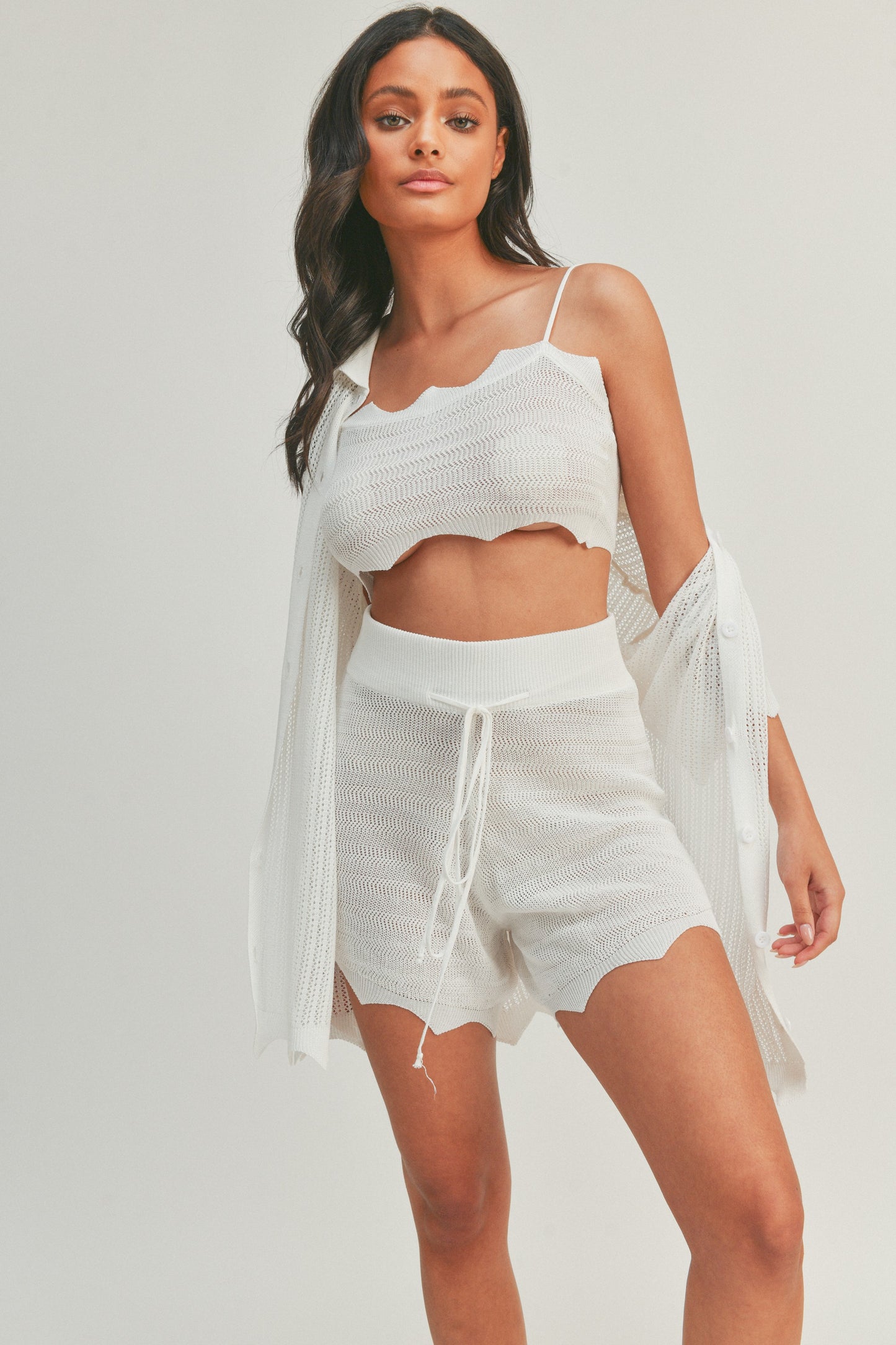 Sheer Cardigan, Bra Top and Shorts - 3 Piece Set