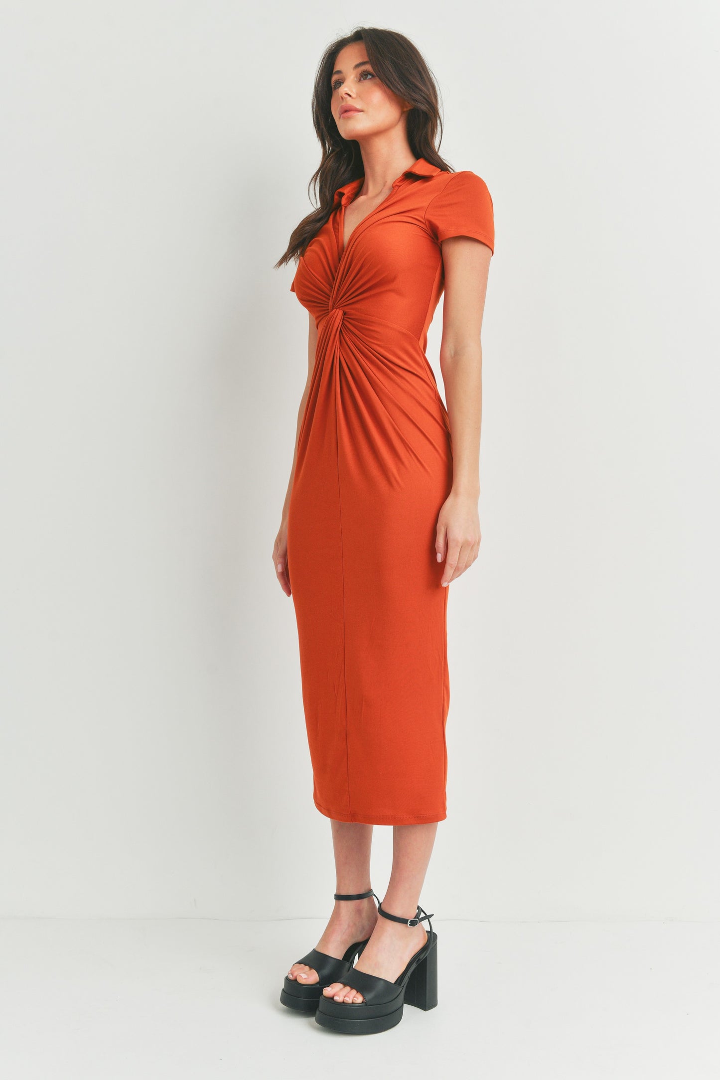 Short Sleeve Ruched Long Midi Dress