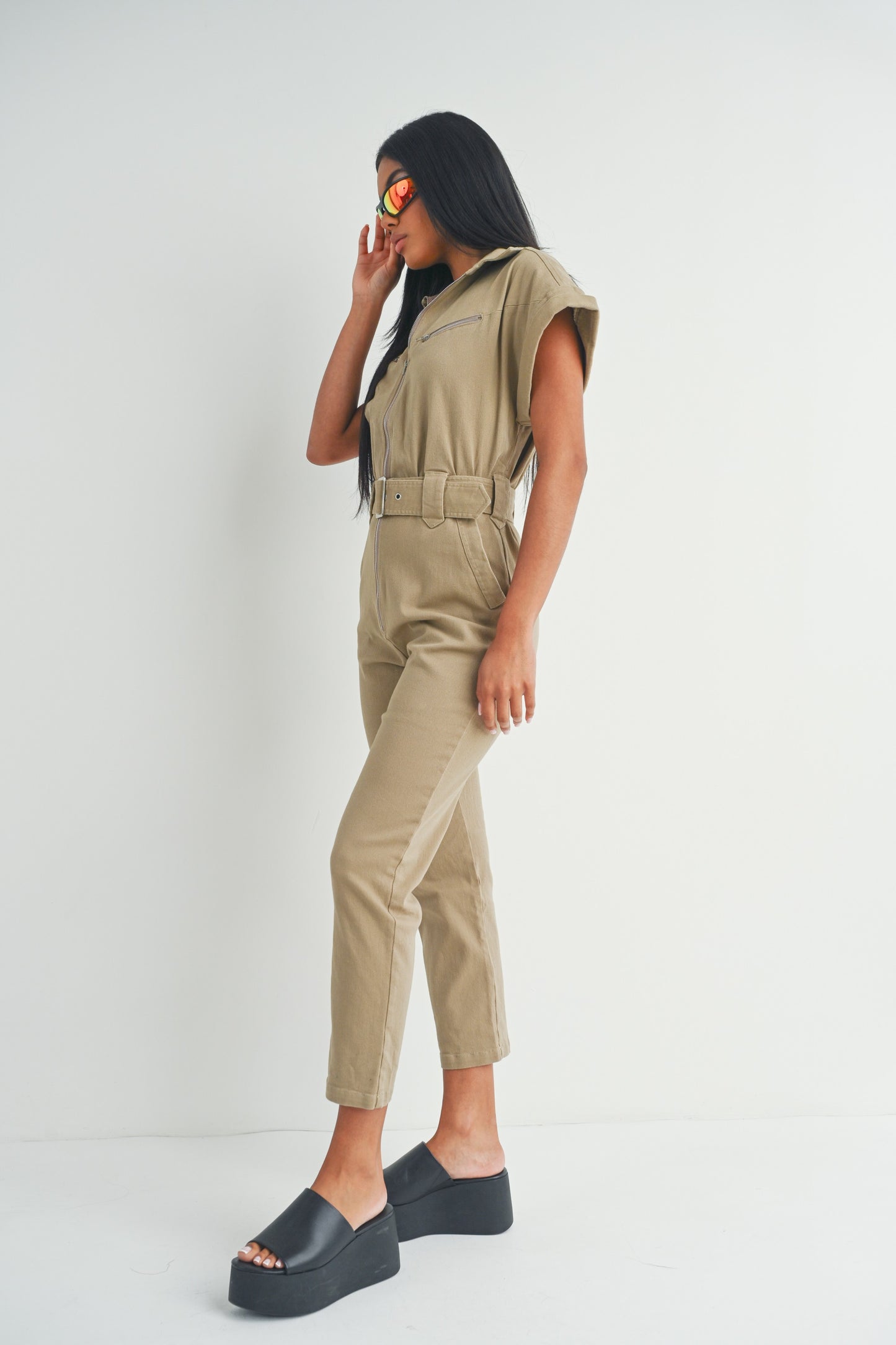 Short Sleeve Zipper Shirt and Pants - Jumpsuit