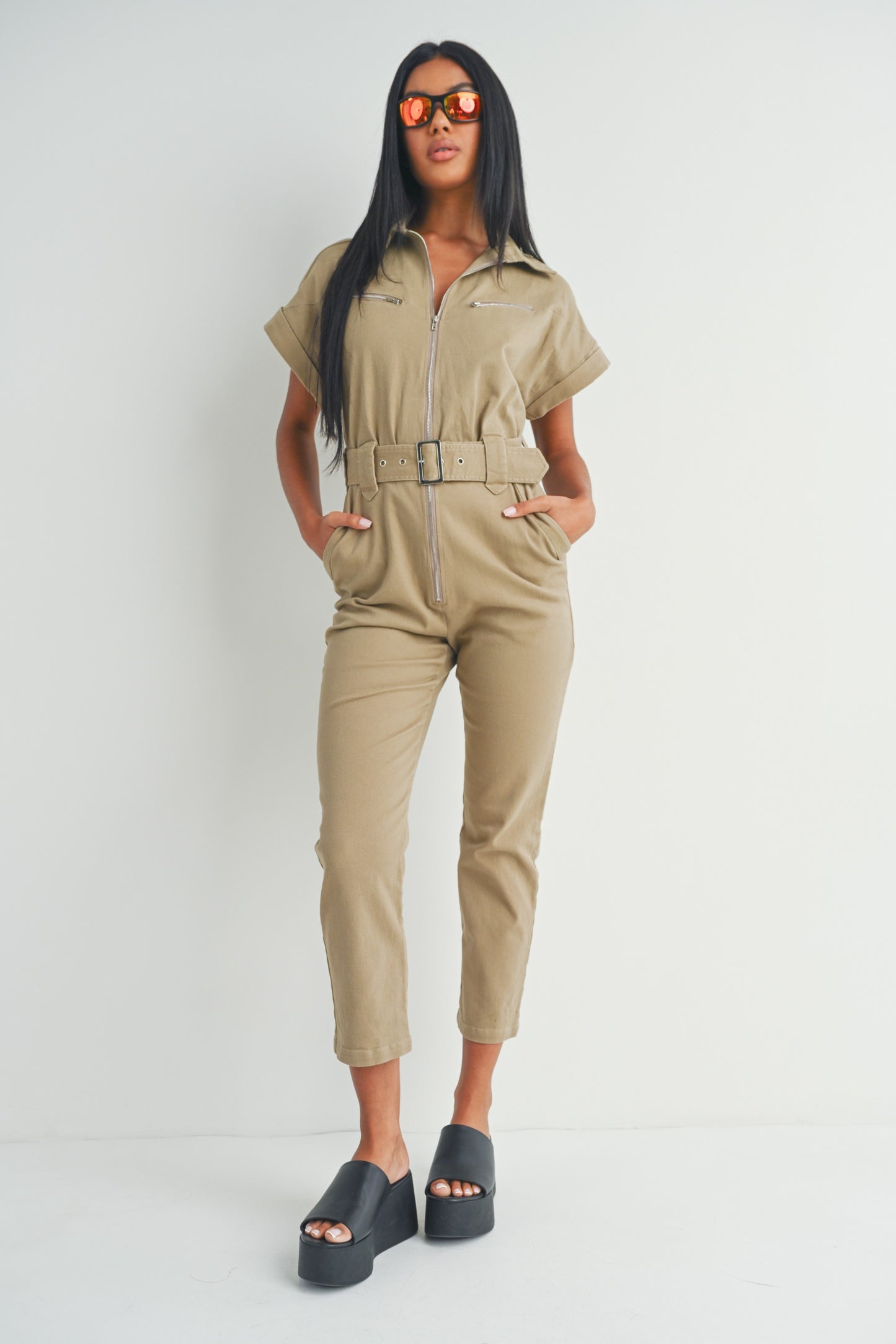 Short Sleeve Zipper Shirt and Pants - Jumpsuit