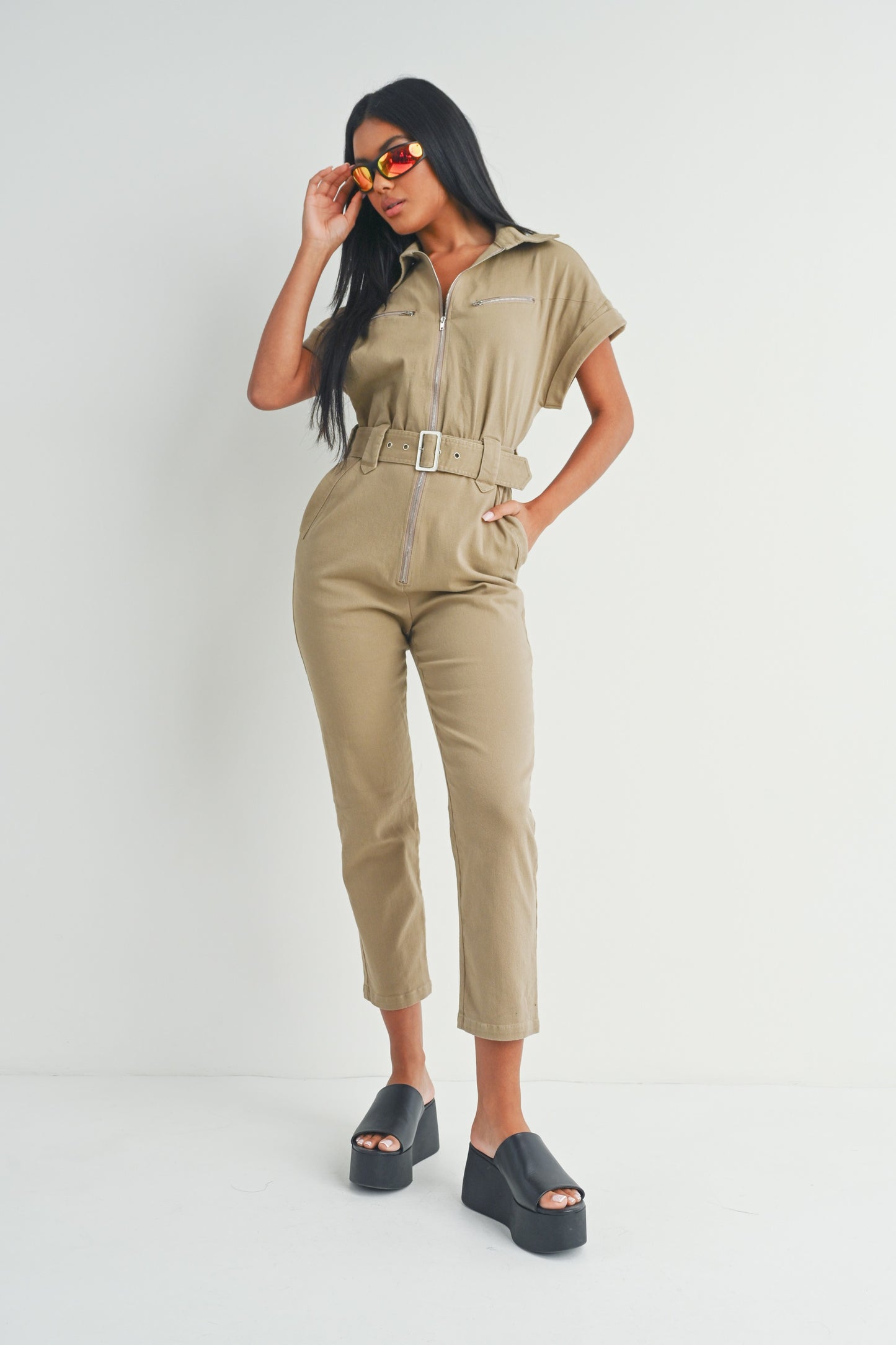 Short Sleeve Zipper Shirt and Pants - Jumpsuit