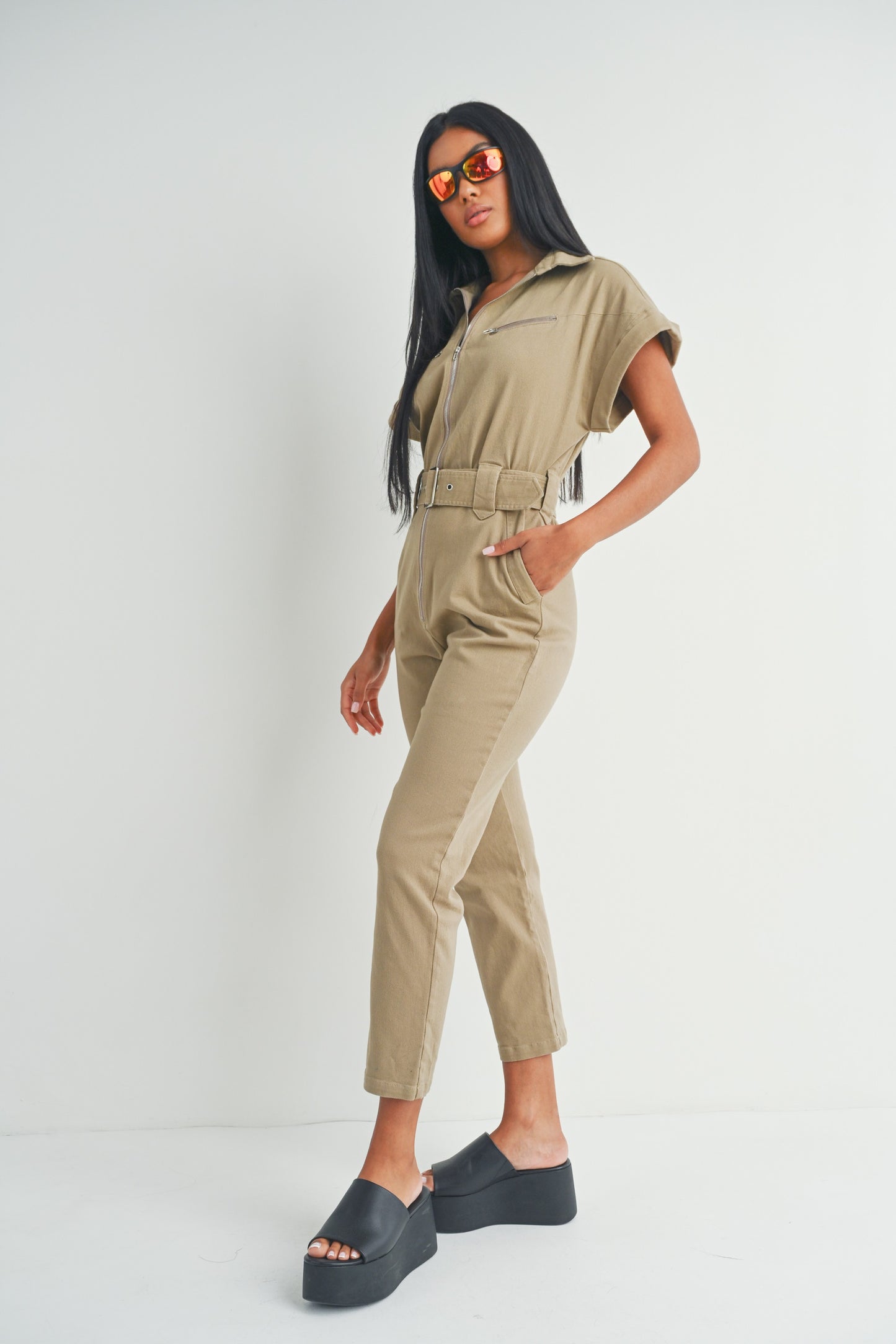 Short Sleeve Zipper Shirt and Pants - Jumpsuit