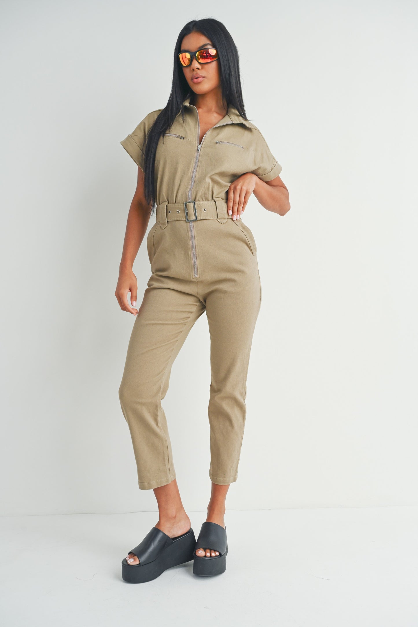 Short Sleeve Zipper Shirt and Pants - Jumpsuit