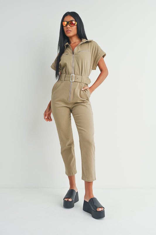 Short Sleeve Zipper Shirt and Pants - Jumpsuit