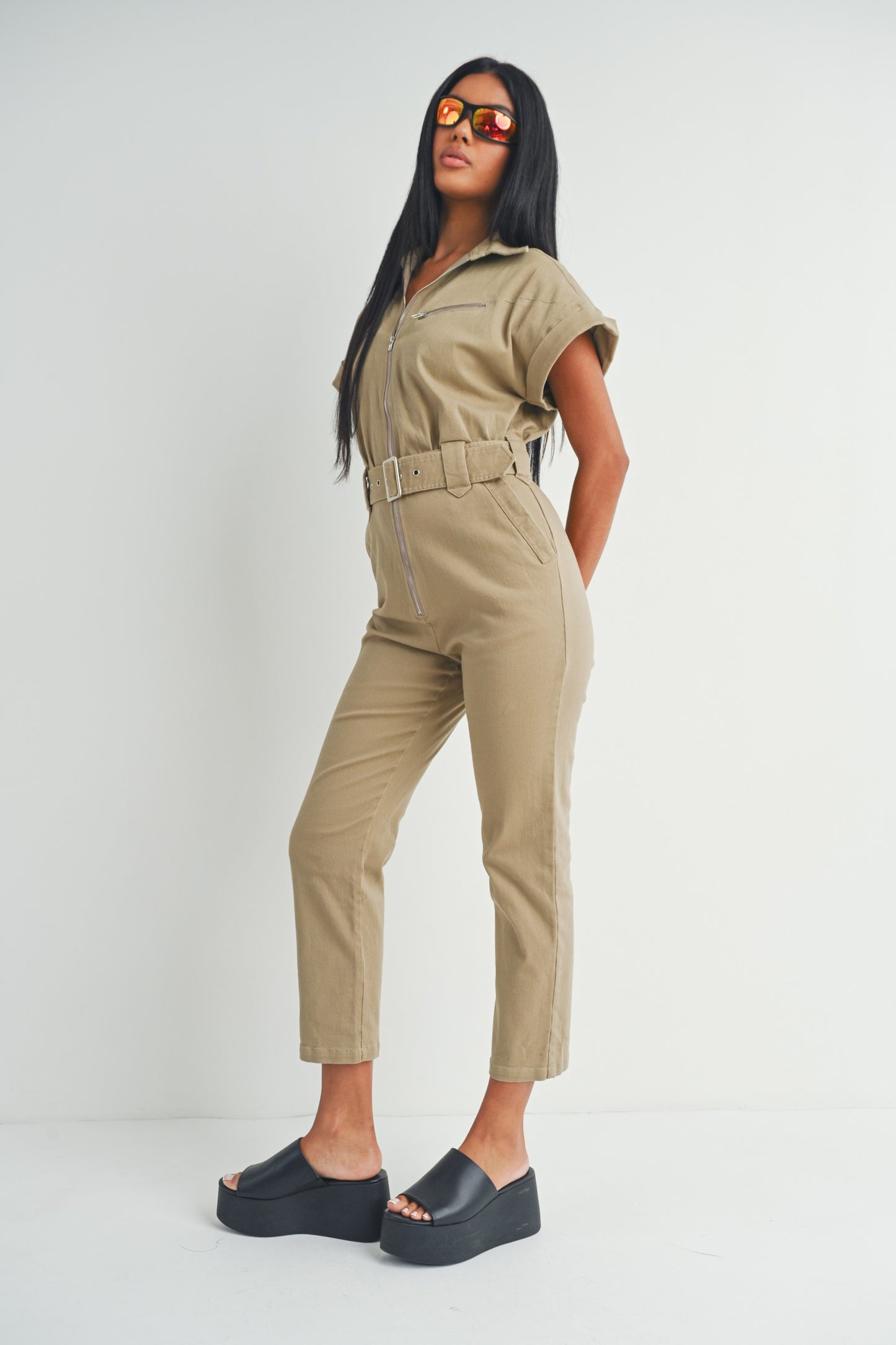 Short Sleeve Zipper Shirt and Pants - Jumpsuit