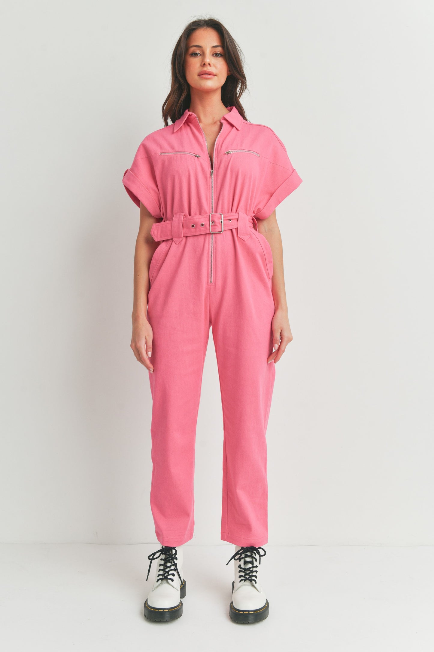 Short Sleeve Zipper Shirt and Pants - Jumpsuit