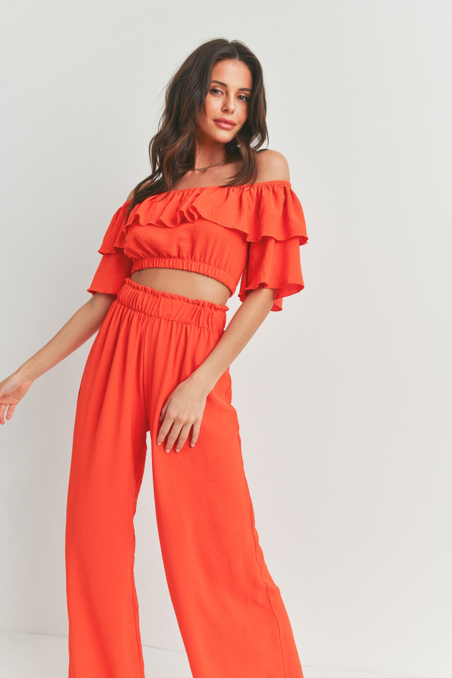 Off Shoulder Ruffle Crop Top and Pants - 2 Piece Set