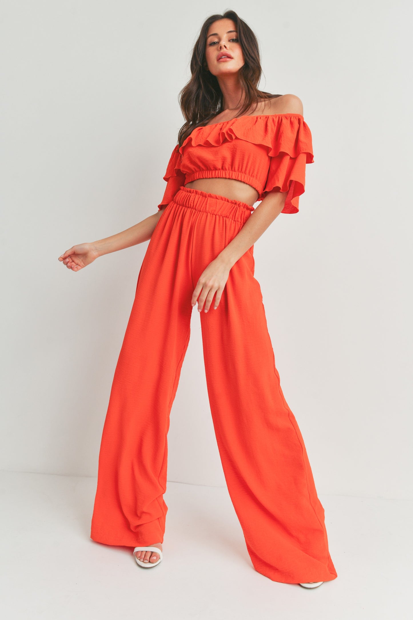 Off Shoulder Ruffle Crop Top and Pants - 2 Piece Set