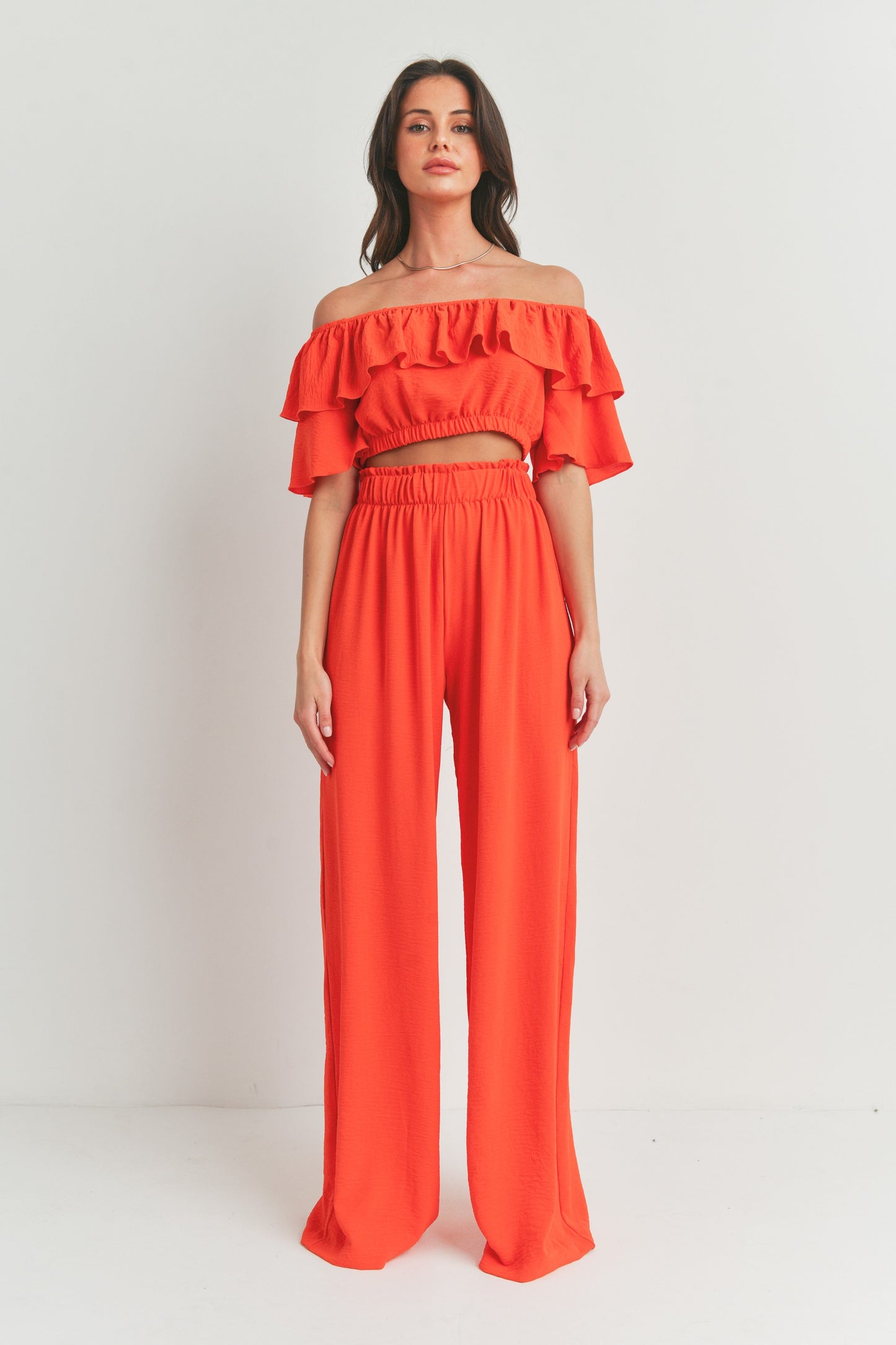 Off Shoulder Ruffle Crop Top and Pants - 2 Piece Set