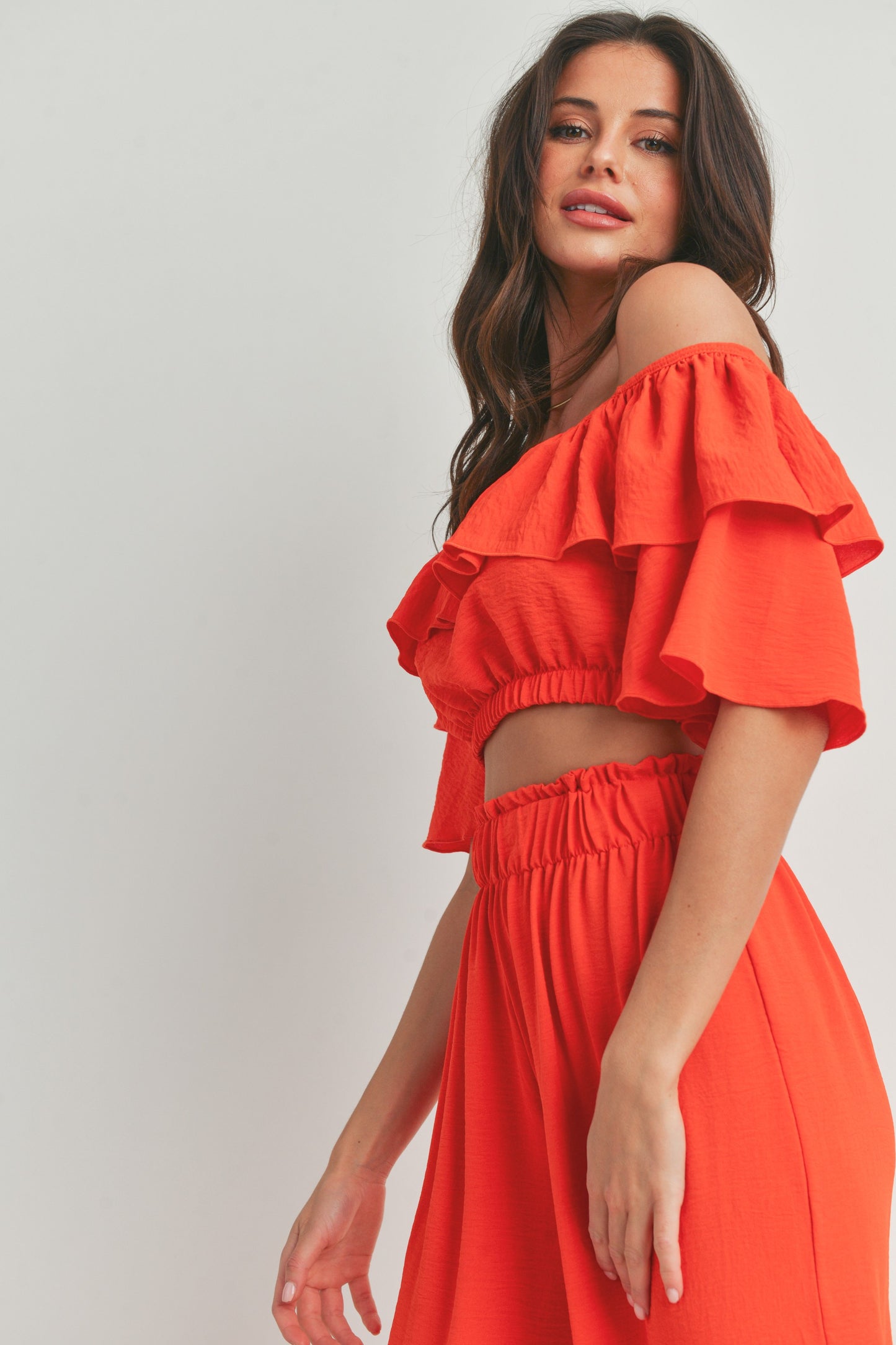 Off Shoulder Ruffle Crop Top and Pants - 2 Piece Set