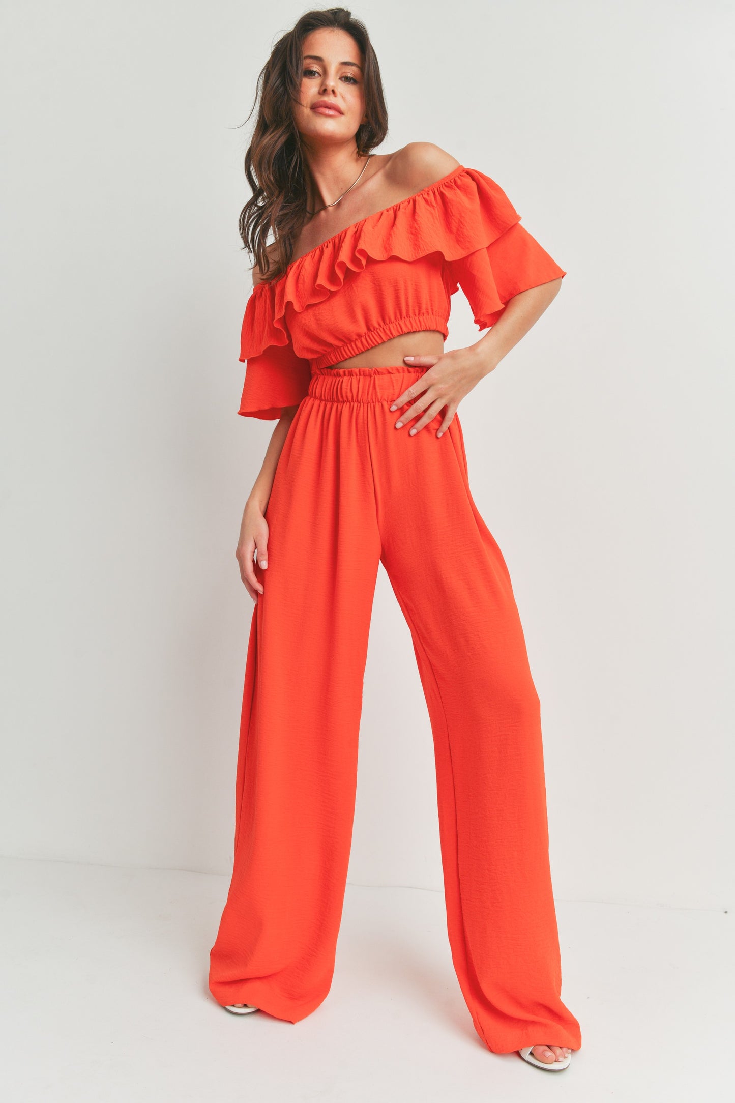 Off Shoulder Ruffle Crop Top and Pants - 2 Piece Set